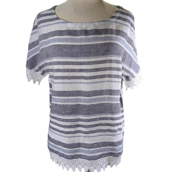 Artisan NY 100% Linen Pullover Top Womens Medium Gray Blue Striped Lace Trim - Picture 1 of 11